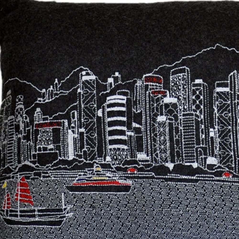 24" Black Hong Kong Nighttime Skyline Lumbar Decorative Pillow Bed